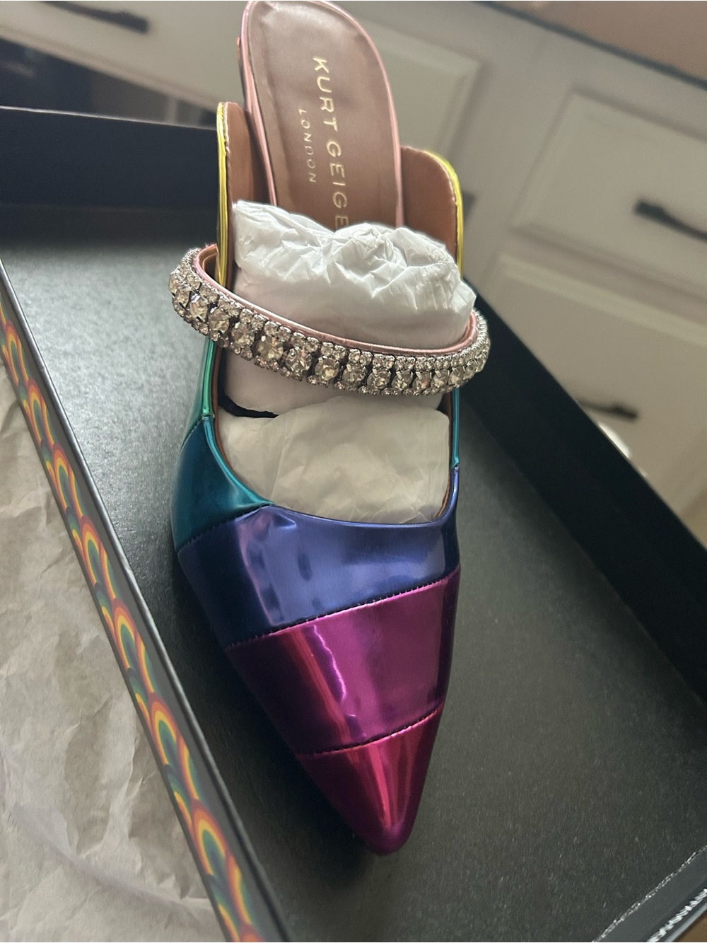 Kurt Geiger Iridescent Multicolor Pointed Mule with Crystal Strap